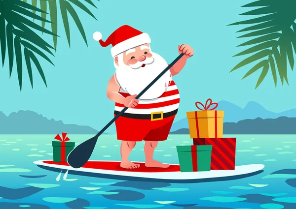 Söt jultomte i shorts och t-shirt på en stand up paddle board med gåvor mot tropiska havet bakgrund med palmer. Varma vädret julfirande, varma klimat semester semestertema — Stock vektor