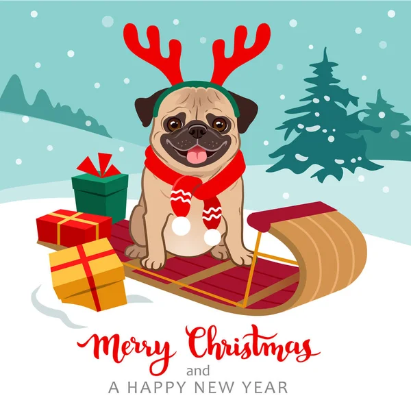 Kerst Pug Dog Cartoon Afbeelding Schattige Mops Pup Dragen Rode — Stockvector