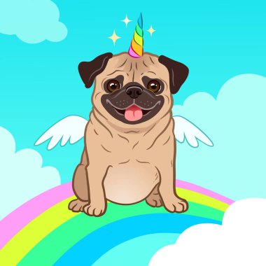 Tek boynuzlu at pug köpek boynuz ve kanatlar vektör karikatür çizim ile. Gökkuşağı ve bulutlar, gökyüzü şirin pug köpek yavrusu dilini çıkarmış gülümseyerek. Esprili, sihirli, efsanevi yaratıklar, kendine inan.