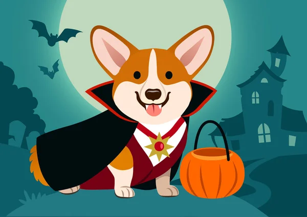 Halloween Perro Corgi Traje Vampiro Contra Fondo Espeluznante Escena Noche — Vector de stock