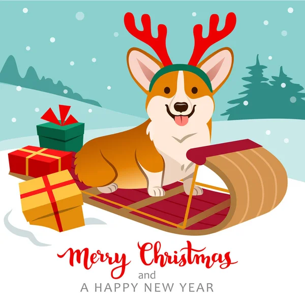Симпатичний валлійський коргі собака сидить на санчатах в рукавах оленів з різдвяними подарунками навколо, зимові пагорби з деревами на фоні, падає сніг. Різдво для домашніх тварин, тематичні листівки любителів собак, плакати . Векторна Графіка