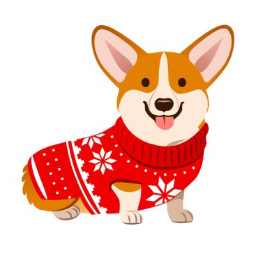 Corgi köpek Nordic kar tanesi desen vektör karikatür çizim üzerinde beyaz izole ile Noel kırmızı kazak giyiyor. Komik esprili Christmas, evde beslenen hayvan aşk, evde beslenen hayvan giyim Tema tasarım öğesi.