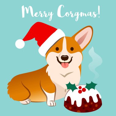 Corgi köpek Noel Noel Baba şapkası meyveli kek vektör çizgi film illüstrasyon izole aqua, resim yazısı 
