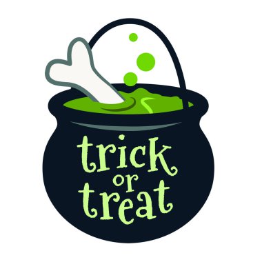 Cadılar Bayramı hüner ya da muamele etmek siyah kazan kova yeşil kabarcıklanma vektör çizgi film illüstrasyon izole beyaz dolu. Sonbahar Cadılar Bayramı tatil tasarım öğesi. 