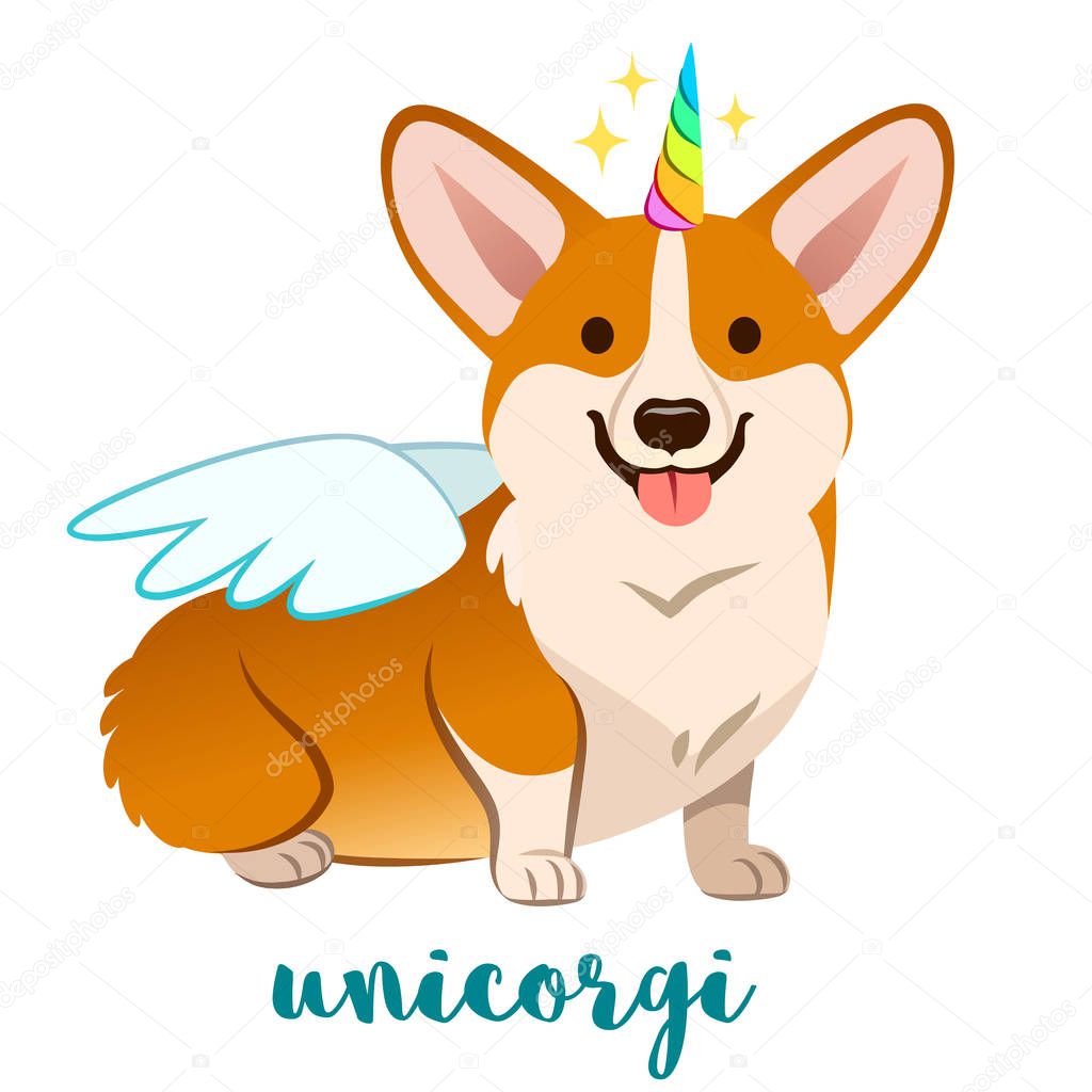 Unicorn corgi dog with horn and wings vector cartoon illustration. Cute funny corgi puppy smiling with tongue out, isolated on white. Humorous, magic, mythical creatures, believe in yourself.