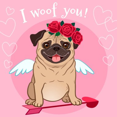 Sevgililer günü pug köpek evde beslenen hayvan Tema kartı. Şirin komik pug köpek aşık, kalp ok, kanatlı, aşk tanrısı kırmızı gül çiçek çelenk kafasına, pembe bir arka plan, metin ile 