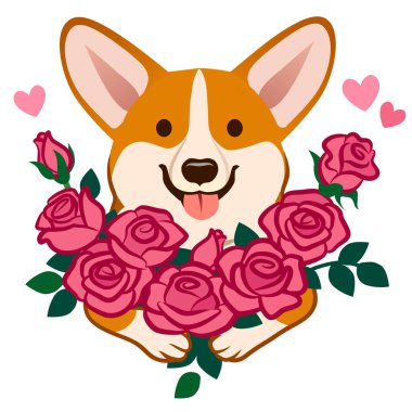 Corgi köpek bir buket gül vektör karikatür çizim tutmak. Komik şirin esprili sevgi, dostluk, dating, romantizm, Doğum günü, Sevgililer günü kutlama, evde beslenen hayvan aşık, çocuk tebrik kartları. 