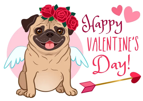 Valentine Day Pug Dog Pet Greeting Card Cute Funny Pug — Stock Vector