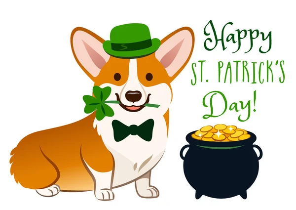 Roztomilý Welsh corgi pes v kostýmu den svatého Patrika: zelené buřinku a motýlek, shamrock drží v ústech. Hrnec zlata plné mincí, text "Happy St. Patrick's Day!". Irský svátek folkloru téma. — Stockový vektor