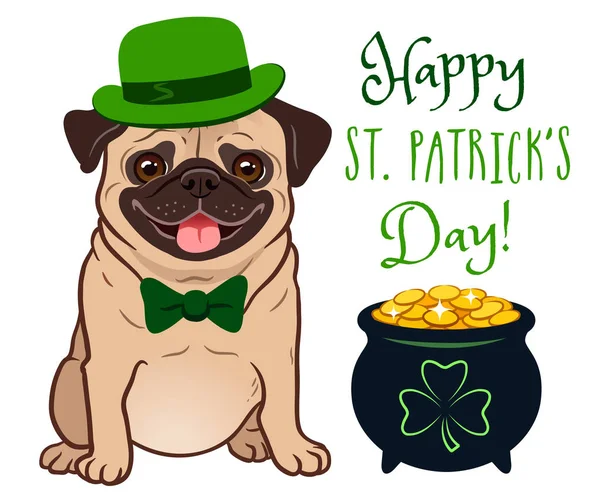 Χαριτωμένο pug σκυλί στη φορεσιά την ημέρα του Αγίου Πατρικίου: γεμάτη με νομίσματα, με σήμα το τριφύλλι, πράσινος bowler καπέλο και παπιγιόν, δοχείο του χρυσού. «Ευτυχισμένη ημέρα του Αγίου Πατρικίου!» κείμενο. Θέμα λαογραφία ιρλανδική Ενοικιαζόμενα. — Διανυσματικό Αρχείο