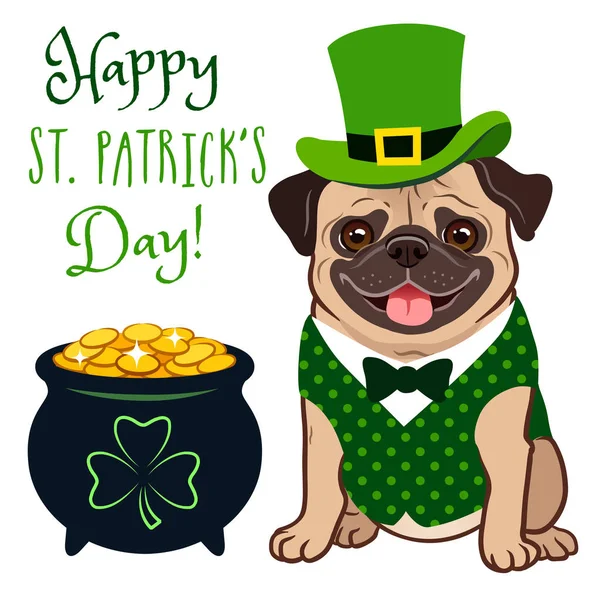 Słodkie Mops pies w St. Patrick's Day kobold kostium: zielony top hat, Kamizelka i krawat, garnek złota wypełnione monety, z znak, tekst "Happy St. Patrick's Day!". Motyw folklor irlandzki wakacje. — Wektor stockowy