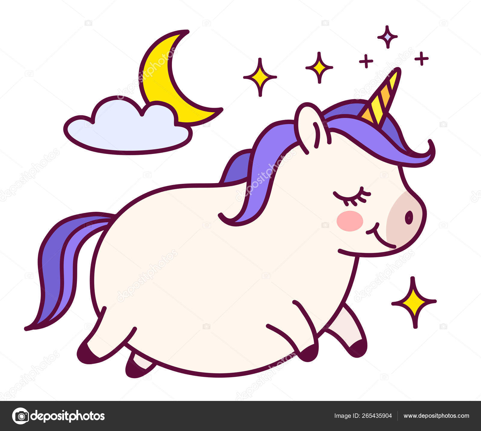 Cute Fat Unicorn With Purple Mane Doodle Cartoon Character Vecto Stock