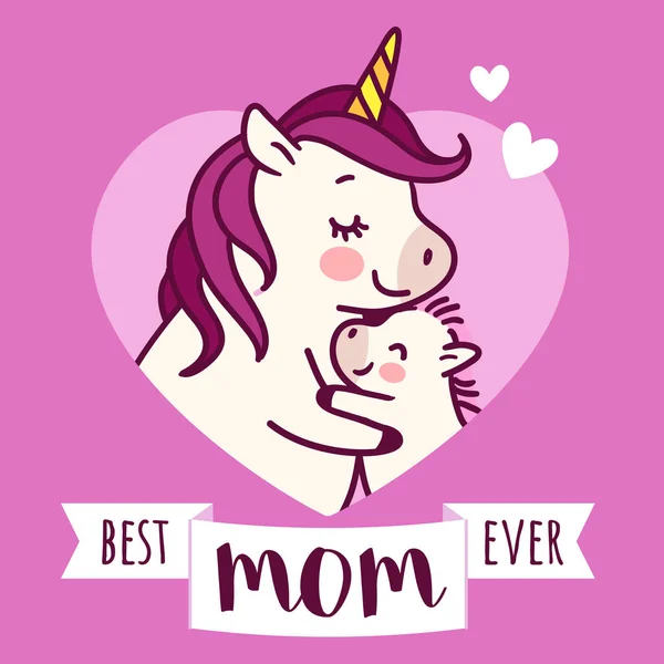 Madre unicornio dando un abrazo a su bebé simple garabato dibujos animados ve — Vector de stock