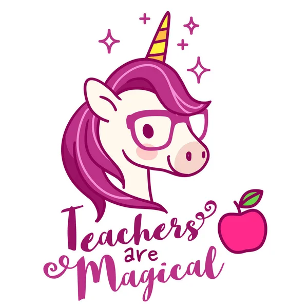 Cute unicorn teacher wearing eyeglasses, with text 