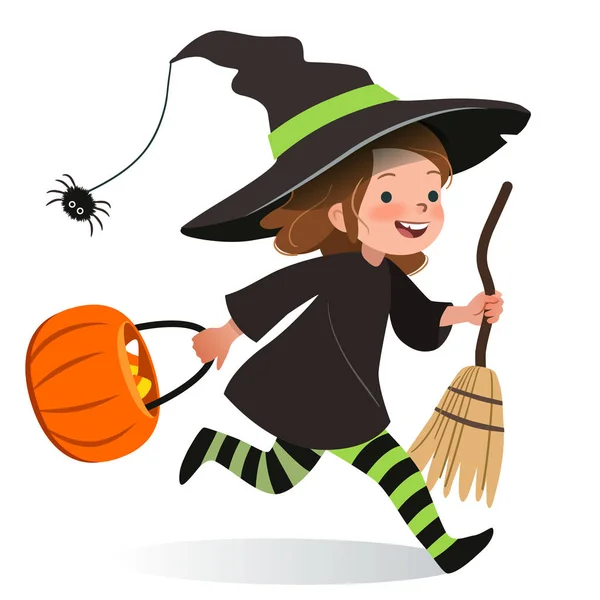 Roztomilá mladá šťastná dívka, která běží na Halloweenské čarodějnické kostým s h — Stockový vektor