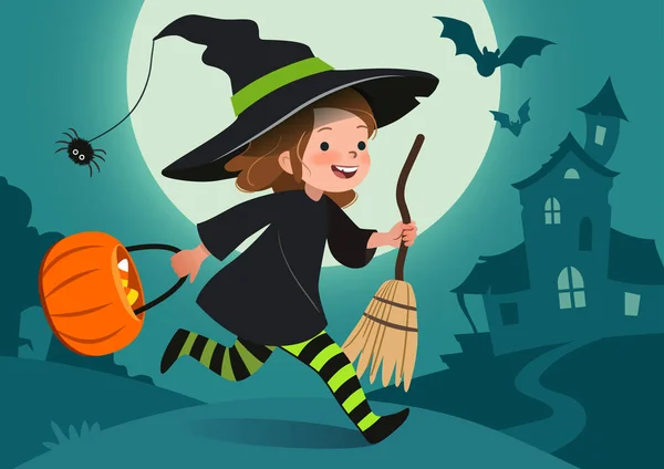 Noční Halloween vektorová ukázka. Roztomilá šťastná holčička oblečená jako čarodějnice s kýbl s bonbóny. Úplněk, strašidelný dům, lesní hřbitov na pozadí. Leták, plakát, nápis. Royalty Free Stock Vektory