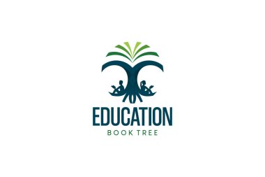Eğitim logosu, kitap ağacının vektör sembolü ve kitap okuyan çocuklar.