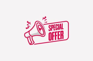 Megafon simgesi olan satış tanıtımı için özel bir etiket vektör tasarım şablonu basit moda biçimi