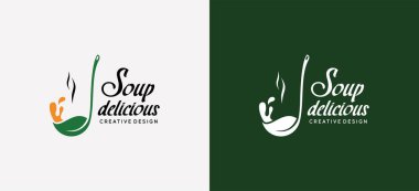 Çorba kaşığı logosunun yaprak konsepti, çorba restoranının logosu içeren vektör çizimi