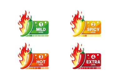 Hafif, baharatlı, acı ve ekstra katmanlı acı biber tasarım şablonunun vektör çizimi. Acı biber ve yangın logosu.