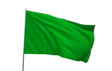 Beyaz bir arka planda izole edilmiş, bayrak direğinde sallanan som yeşil bir bayrak..