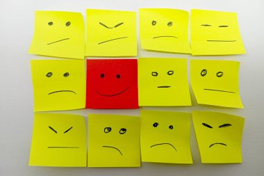 birden fazla yüzleri ve bir gülümseme ile öne çıkan küçük ofis notları ile olumlu bir tutum için kavram