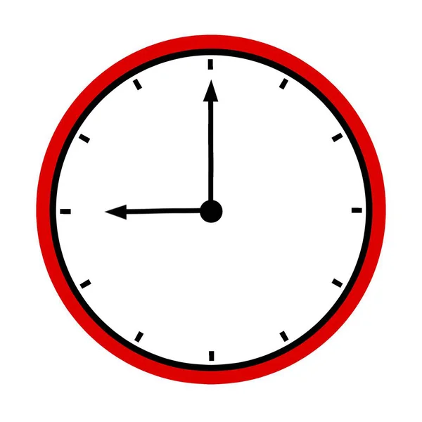 Saat illüstrasyonuna göre saat 9 'da kırmızı çerçeveli. Beyaz arka planda izole edilmiş. Zaman, zaman, teslim tarihi ve dakiklik kavramları için minimalist tasarım.