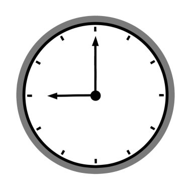 Saat illüstrasyonuna göre saat 9 'da gri çerçeveli. Beyaz arka planda izole edilmiş. Zaman, zaman, teslim tarihi ve dakiklik kavramları için minimalist tasarım.