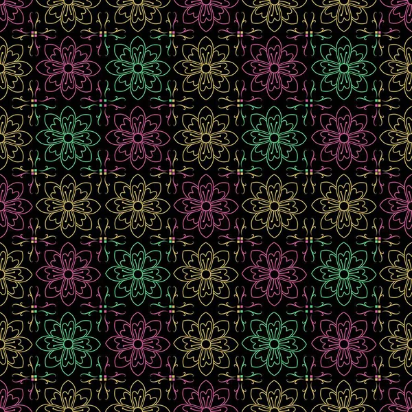 Siyah arkaplanda renkli çizgiler olan kusursuz mandala deseni. Dekoratif, zarif ve kumaş, duvar kağıdı ve ambalaj tasarımı için mükemmel.