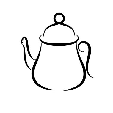 Simple black and white line art illustration of a classic teapot with lid and handle, elegant minimal design for beverage and kitchen themes.