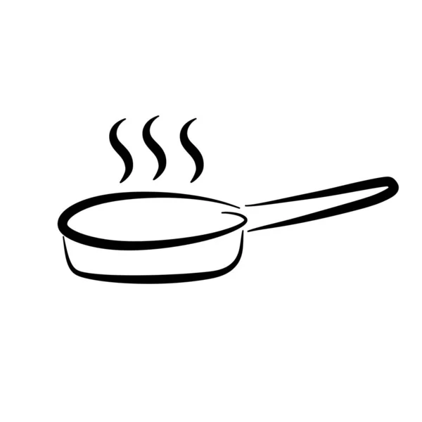 Minimalist black and white line art of a frying pan with hot steam rising, simple cooking illustration on white background.