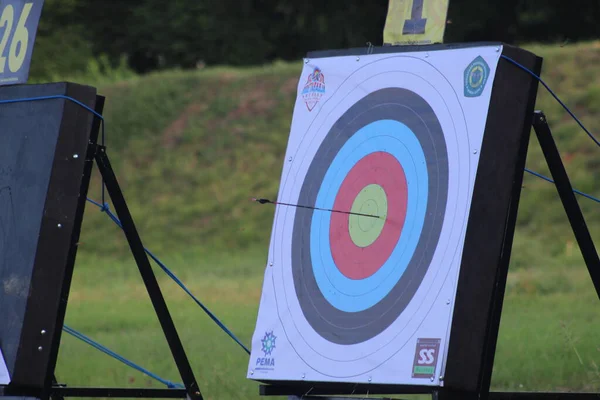 Banda Aceh, Indonesia - September 18, 2025: Two professional archery targets set up outdoors on a grassy field