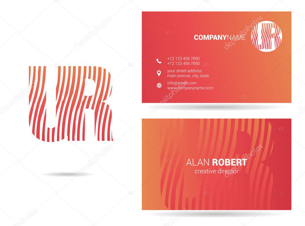 Logo design and business card template with wavy letters UR, vector illustration
