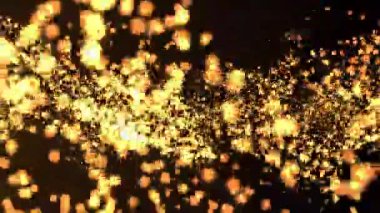 Dynamic flow of glowing golden particles on dark background. Abstract festive animation symbolizing luxury, celebration, energy, and futuristic motion design for digital projects