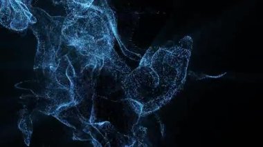 Abstract 3D visualization of blue glowing particles forming dynamic waves on dark background. Futuristic digital flow, data stream, neural network and technology motion design animation