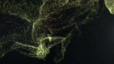  Golden glowing particles form abstract digital waves on a dark background. Futuristic motion design with shimmering dots, dynamic flow, and elegant technology-inspired visualization.