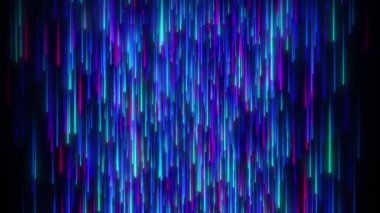 Multicolored particle lines falling on LED abstract background looped. Neon particle rain, bright neon beams flying at light speed