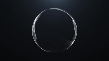 A beautiful abstract sphere made of white glowing particles on a dark background. The digital orb rotates and pulsates with light, perfect for technology and science themes.
