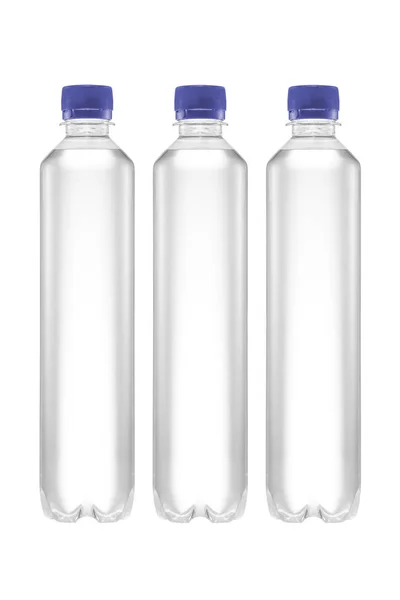 Drie Plastic Waterfles Witte Achtergrond Geïsoleerd — Stockfoto