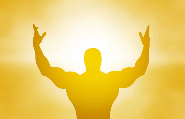 Icon of bodybuilding.Silhouette bodybuilding icon on yellow background in sunlight from sports collection. Healthy body. The spirit of a champion. Energy, muscle, victory, success