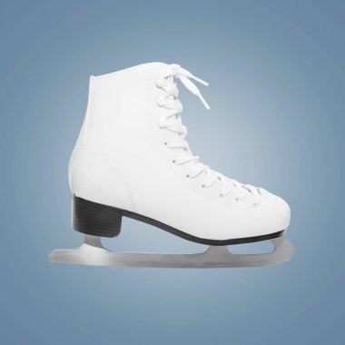 Mavi arka planda artistik patinaj için beyaz patenler, klasik, kış asgari konsept