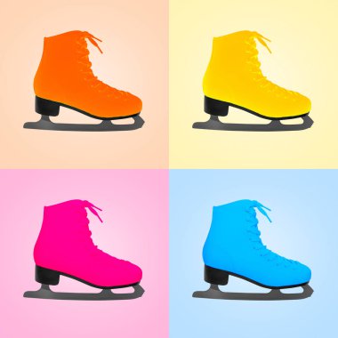 Artistik patinaj, sarı, turuncu, pembe, mavi, klasik, kış minimum konsepti için çok renkli patenler