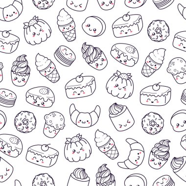 Vektör çizgi film dizi doodle simgeler tatlı, pasta, dondurma, tatlı yiyecek. Pişirme çizgi roman illüstrasyon.