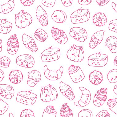 Vektör çizgi film dizi doodle simgeler tatlı, pasta, dondurma, tatlı yiyecek. Pişirme çizgi roman illüstrasyon.