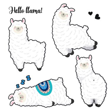 sevimli çizgi llamas ayarla, vektör çizim çıkartmaları doodle