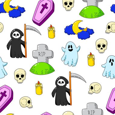 Sorunsuz arka plan, duvar kağıdı, şablonu. Vektör karikatür Doodle simgeler kümesi