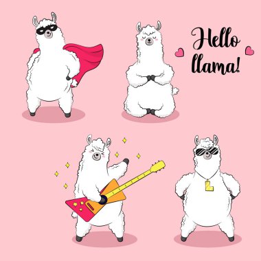 set of cute cartoon llamas, doodle vector illustration stickers clipart