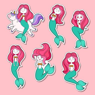 Simgeler, model giyim, t-shirtler, baskı, web tasarım, kartpostal koleksiyonu. Vektör doodle illüstrasyon karikatür çizgi karakter ile