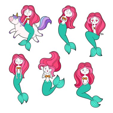 Simgeler, model giyim, t-shirtler, baskı, web tasarım, kartpostal koleksiyonu. Vektör doodle illüstrasyon karikatür çizgi karakter ile