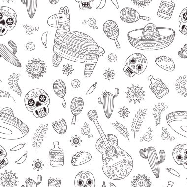 Cartoon doodle collection objects for Cinco de Mayo parade with pinata, maracas, sambrero, tequila, tacos, cactus, skull, flag. Vector seamless pattern, texture clipart